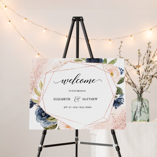 Blush Navy Blossom Geometric Wedding Welcome Sign (In Situ (Stand))