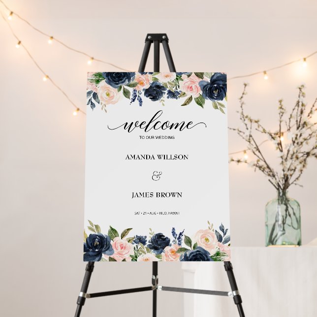 Blush Navy Blossom Wedding Welcome Foam Board (In Situ (Stand))
