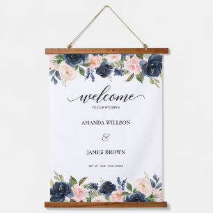 Blush Navy Blossom Wedding Welcome Hanging Tapestry