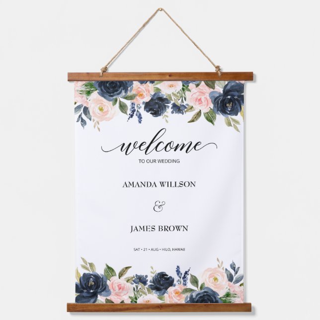 Blush Navy Blossom Wedding Welcome Hanging Tapestry (Front)