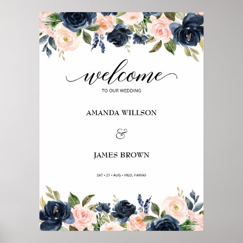 Blush Navy Blossom Wedding Welcome Poster