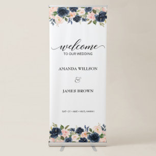 Blush Navy Blossom Wedding Welcome Retractable Banner