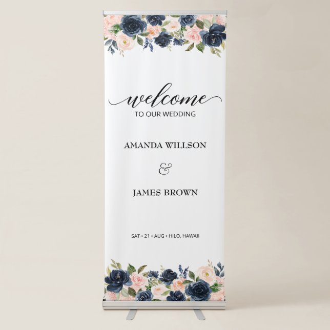 Blush Navy Blossom Wedding Welcome Retractable Banner (Front)