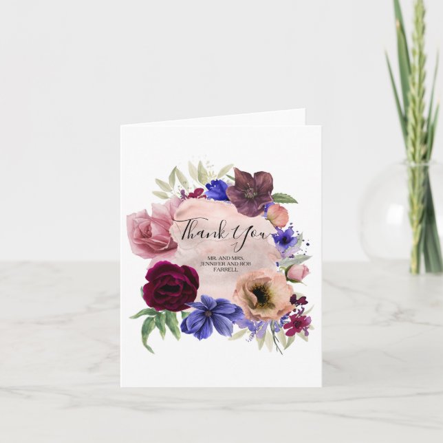 Blush Navy Blue Burgundy Floral Thank You Card (Front)