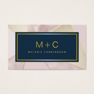 Blush Navy Blue Color Block Monogram Business Card