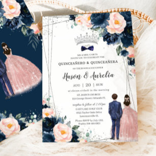 Blush Navy Blue Floral Twins Boy Girl Quinceañera Invitation