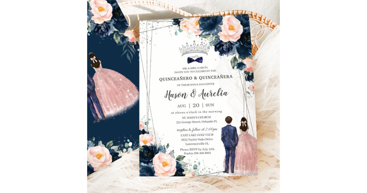 Blush Navy Blue Floral Twins Boy Girl Quinceañera Invitation Zazzle