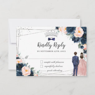 Blush Navy Blue Floral Twins Boy Girl Quinceañera RSVP Card