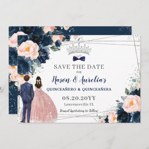 Blush Navy Blue Floral Twins Boy Girl Quinceaera Save The Date