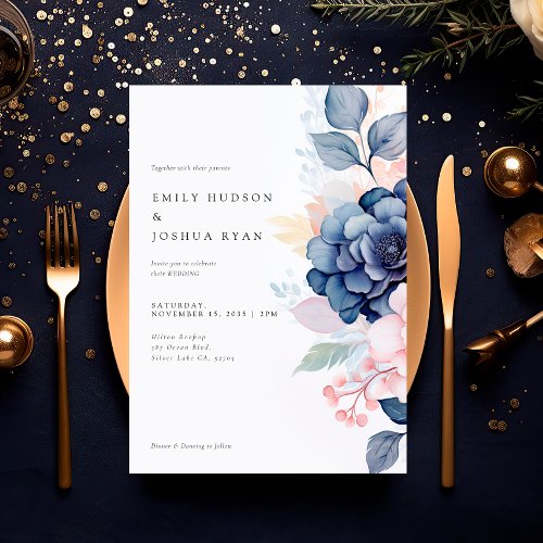 Blush Navy Blue Floral Wedding Invitation