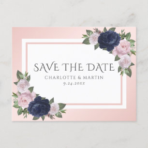 Blush Navy Blue Floral Wedding Save The Date Announcement Postcard