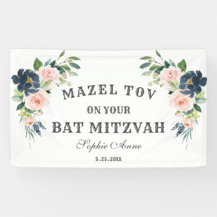 Blush Navy Blue Flowers Bat Mitzvah Welcome Sign