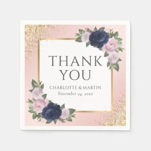 Blush Navy Blue Gold Floral Wedding Napkins