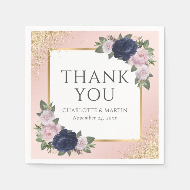 Blush Navy Blue Gold Floral Wedding Napkins (Front)