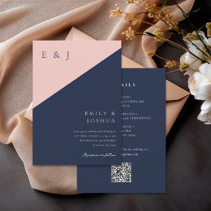 Blush Navy Blue Modern All in One Wedding Invitation
