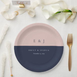 Blush Navy Blue Modern Wedding Paper Plates