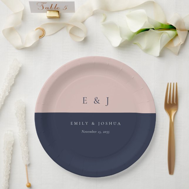 Blush Navy Blue Modern Wedding Paper Plates (Wedding)