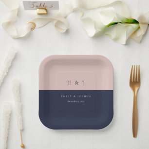 Blush Navy Blue Modern Wedding Paper Plates
