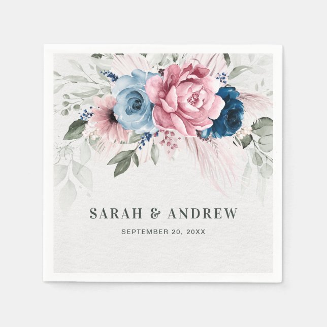 Blush Navy Blue Soft Pastel Pink Floral Wedding Napkins (Front)