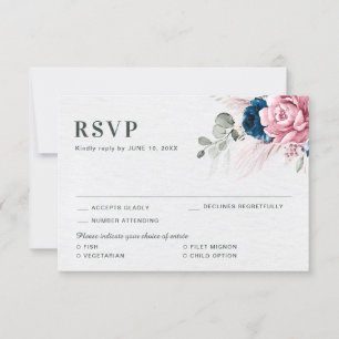 Blush Navy Blue Soft Pastel Pink Floral Wedding RSVP Card