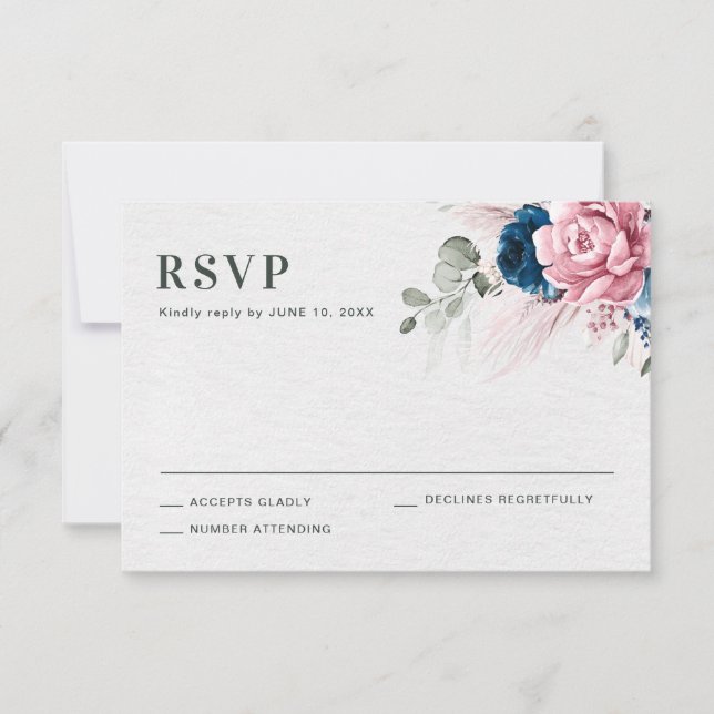 Blush Navy Blue Soft Pastel Pink Floral Wedding RSVP Card (Front)