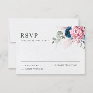 Blush Navy Blue Soft Pastel Pink Floral Wedding RSVP Card