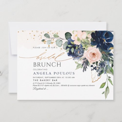 Blush Navy Blue Watercolor Flowers Bridal Brunch Invitation