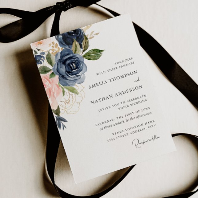 Blush Navy Botanical Floral Wedding Invitation (Creator Uploaded)