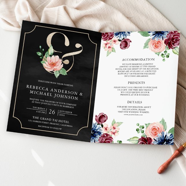 Blush Navy Burgundy Floral Black QR Code Wedding Invitation (Creator Uploaded)