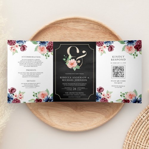 Blush Navy Burgundy Floral Black QR Code Wedding Tri_Fold Invitation
