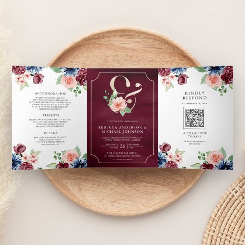 Blush Navy Burgundy Floral Marsala QR Code Wedding Tri_Fold Invitation