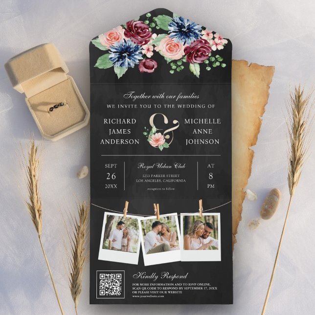 Blush Navy Burgundy Floral QR Code Black Wedding All In One Invitation (Creator Uploaded)