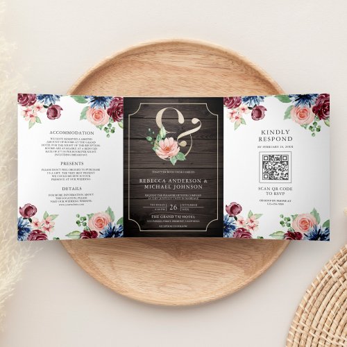 Blush Navy Burgundy Floral Wood QR Code Wedding Tri_Fold Invitation