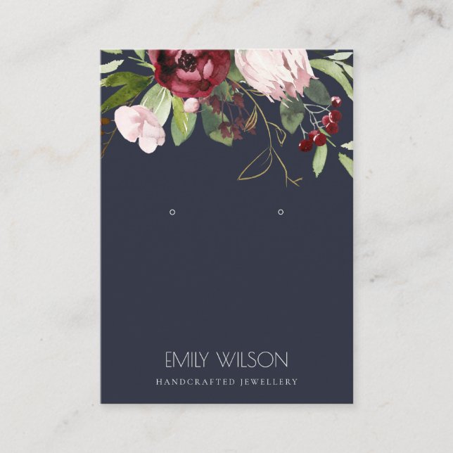 BLUSH NAVY BURGUNDY PROTEA FLORAL EARRING DISPLAY BUSINESS CARD (Front)