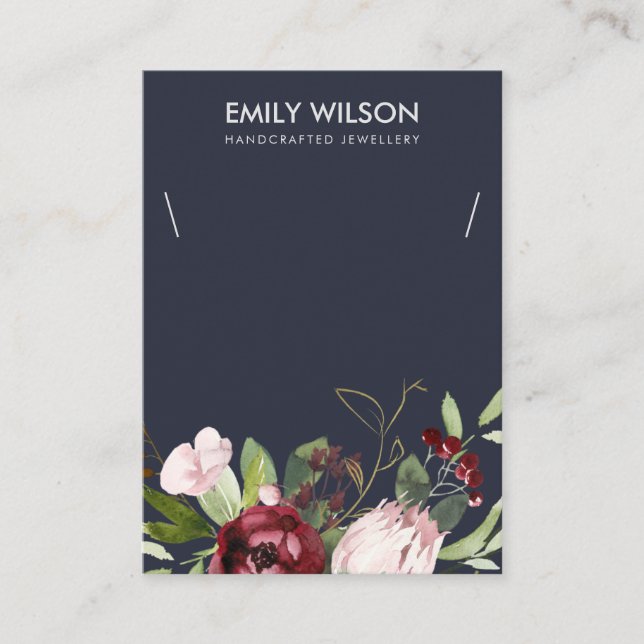 BLUSH NAVY BURGUNDY PROTEA FLORAL NECKLACE DISPLAY BUSINESS CARD (Front)