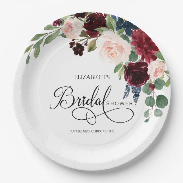 Blush Navy Burguny Marsala Floral Bridal Shower Paper Plates (Front)
