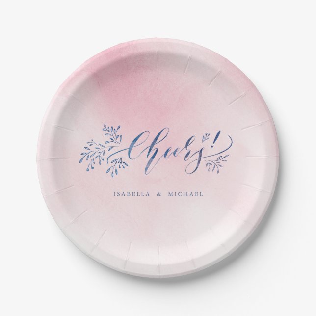 Blush navy calligraphy cheers rustic floral party paper plates (Front)