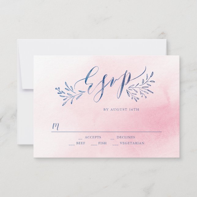 Blush navy calligraphy rustic floral wedding RSVP (Front)