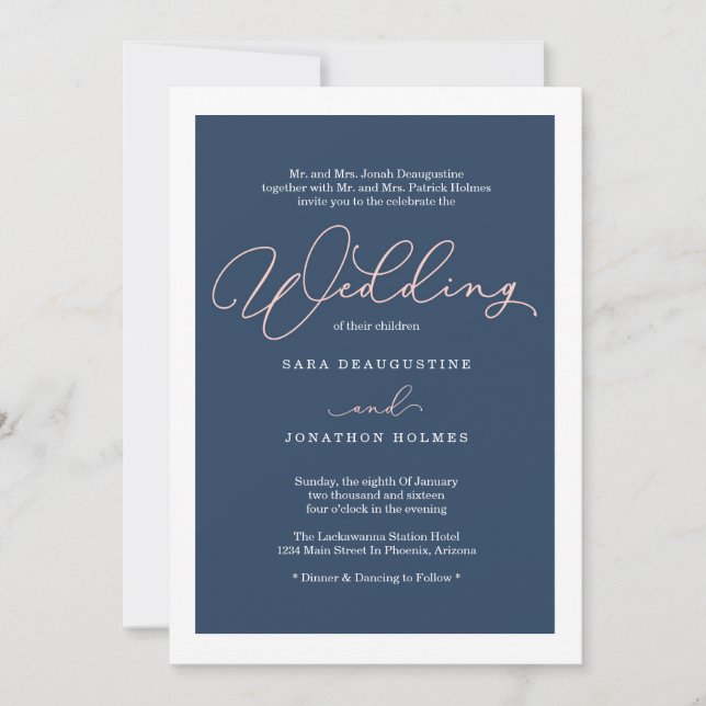 Blush & Navy Calligraphy Wedding Invitation (Front)