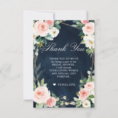 Blush Navy Dusty Blue  Botanical Bridal Shower Thank You Card