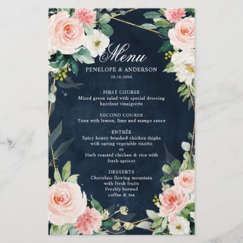 Blush Navy Dusty Blue Botanical Wedding Menu