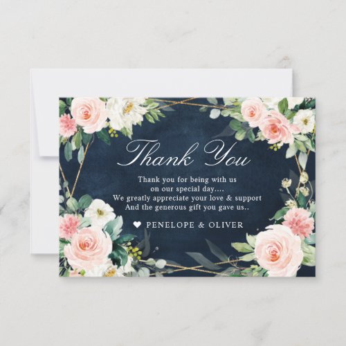 Blush Navy Dusty Blue Floral Botanical Wedding Thank You Card