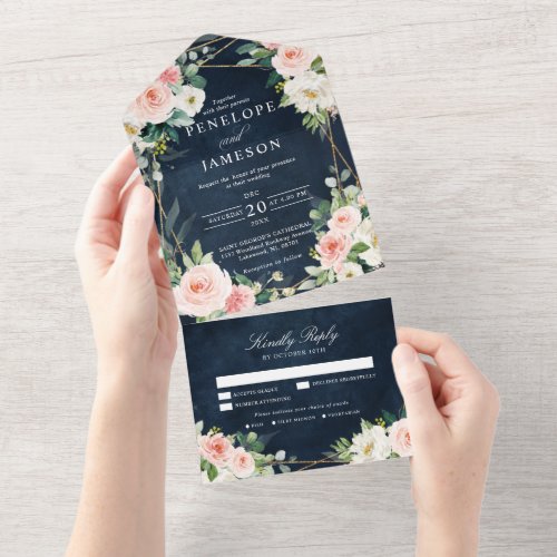 Blush Navy Dusty Blue Floral Geometric Botanical  All In One Invitation