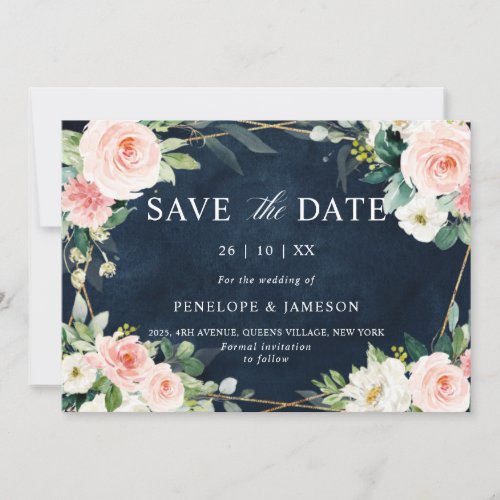 Blush Navy Dusty Blue Floral Geometric Botanical Save The Date