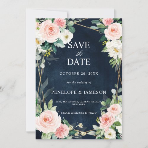 Blush Navy Dusty Blue Floral Geometric Botanical Save The Date