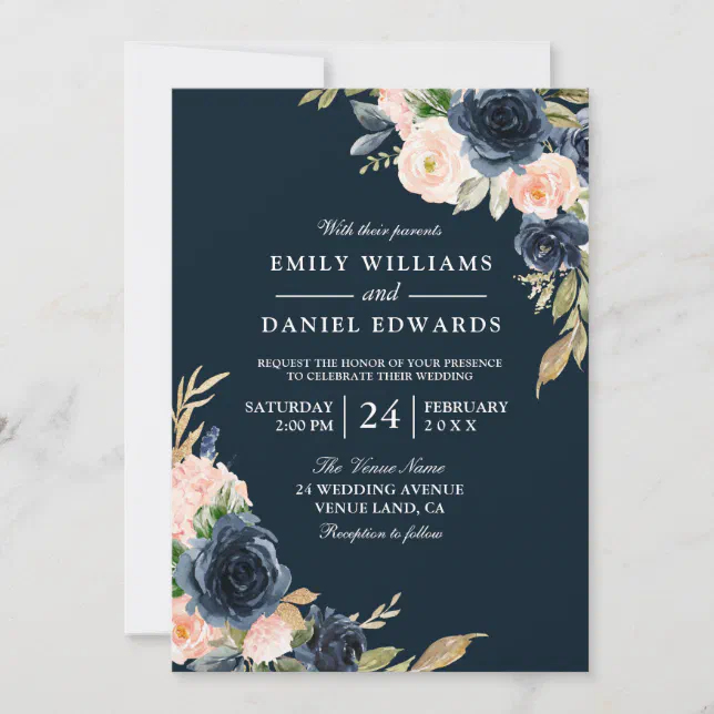 Blush & Navy Elegant Modern Wedding Invitation | Zazzle