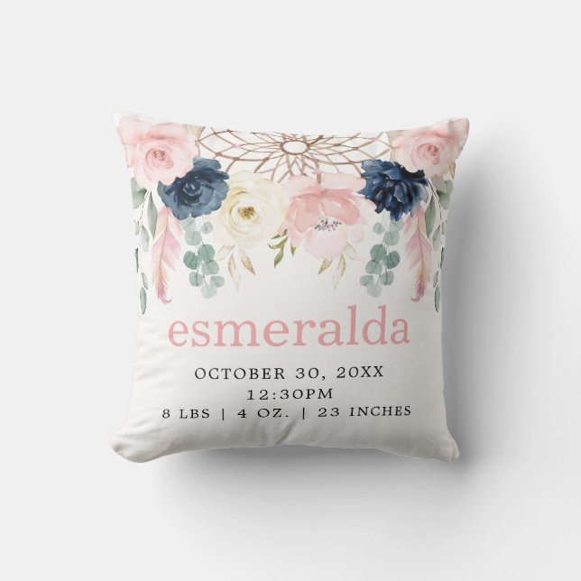 Blush Navy Floral Boho Dreamcatcher Birth Stats Throw Pillow (Front)
