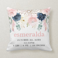 Blush Navy Floral Boho Dreamcatcher Birth Stats Throw Pillow