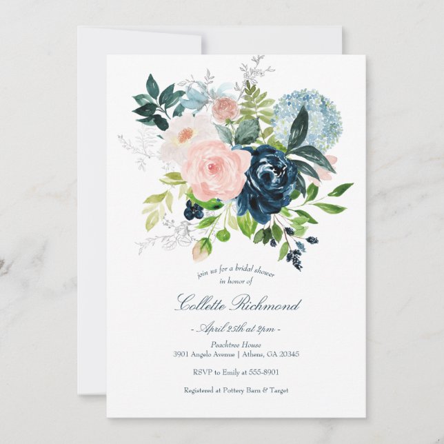 Blush Navy Floral Bridal Shower Invitation (Front)