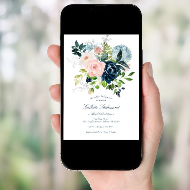 Blush Navy Floral Bridal Shower Invitation (Front Digital)